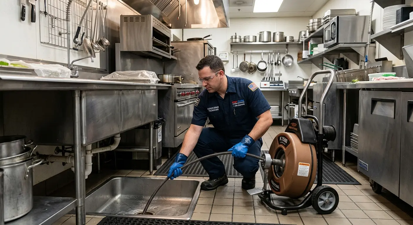 Commercial drain cleaning service in a restaurant kitchen in Versailles