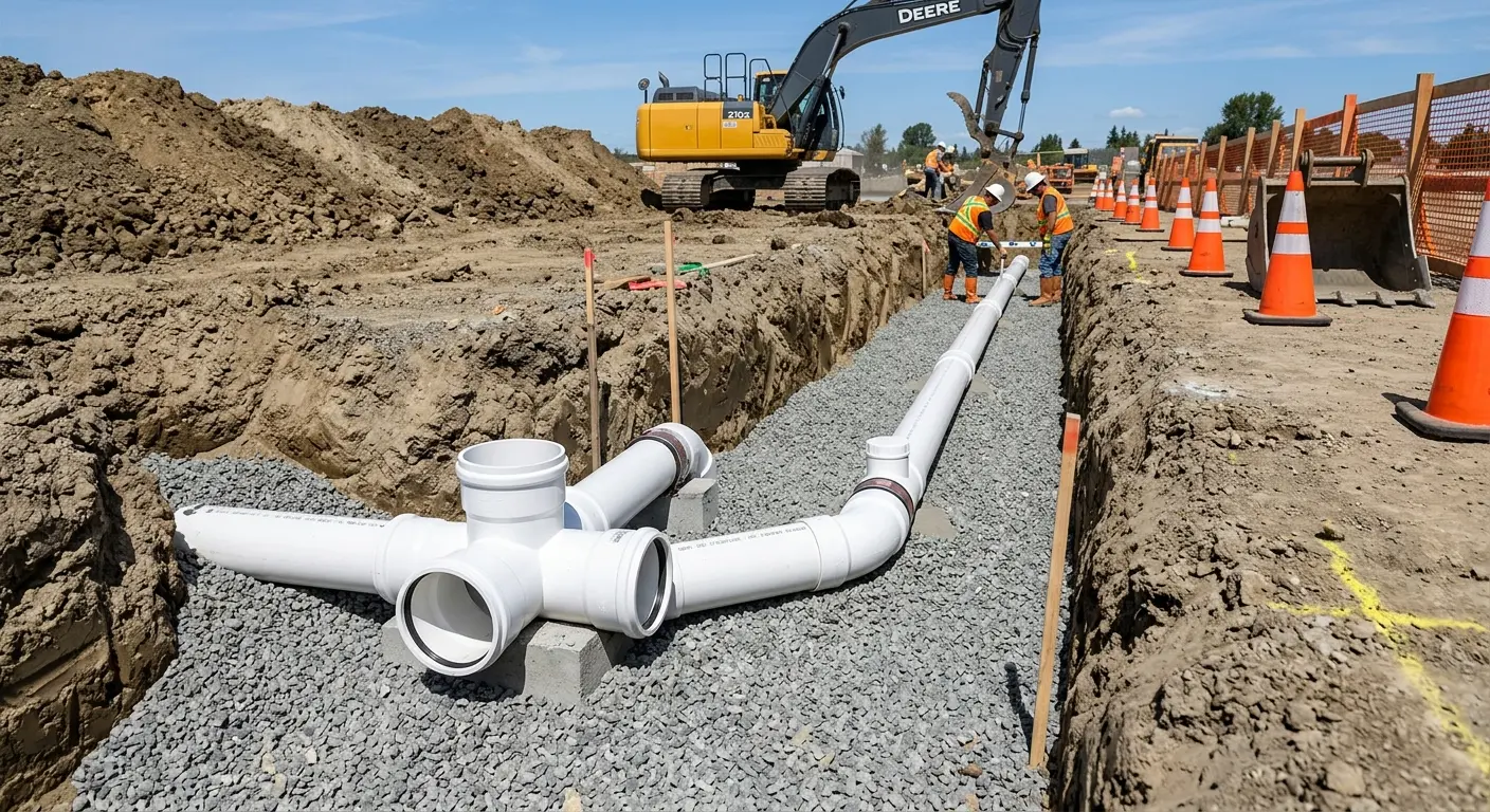 New PVC sewer pipe installation in open trench for Sewer Backup in Versailles