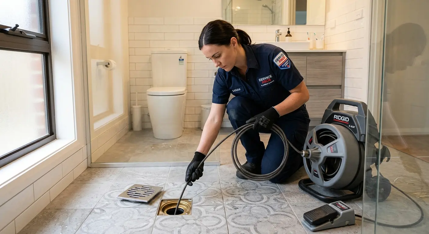 Technician clearing a bathroom floor drain for Drain Cleaning in Versailles